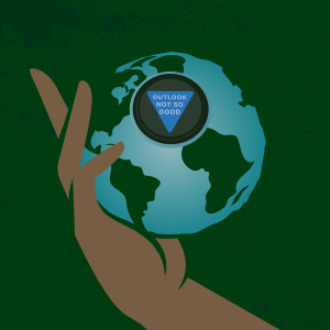 image of a brown hand holding a globe against a green background