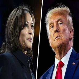 image of Kama Harris on one side and Trump on the other both in suits standing and looking out