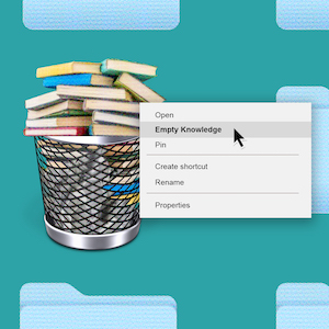 image of a trash can filled with books over a teal background and a menu from a computer next to it