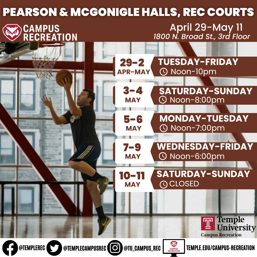 Facility schedule with photo of person playing basketball.