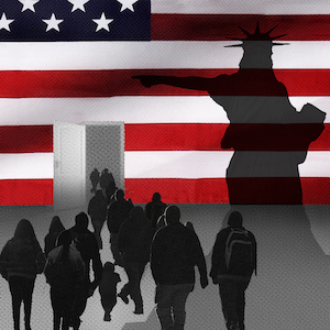 the American flag with shadows of people walking in front of it