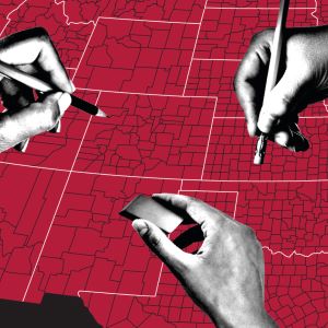 image of hands drawing over a red map redistricting an area