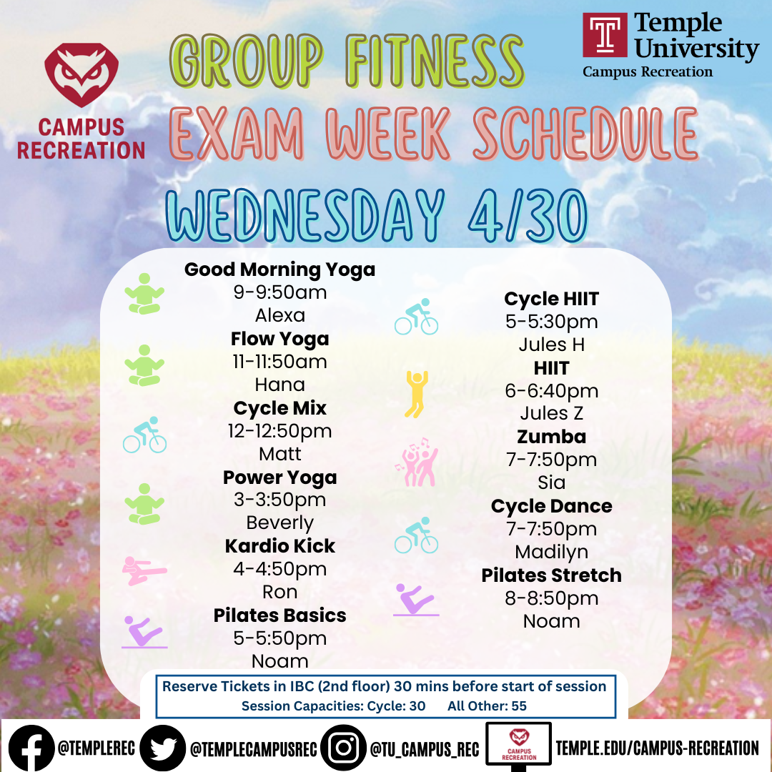 Group fitness schedule with photo of flowers and sky.