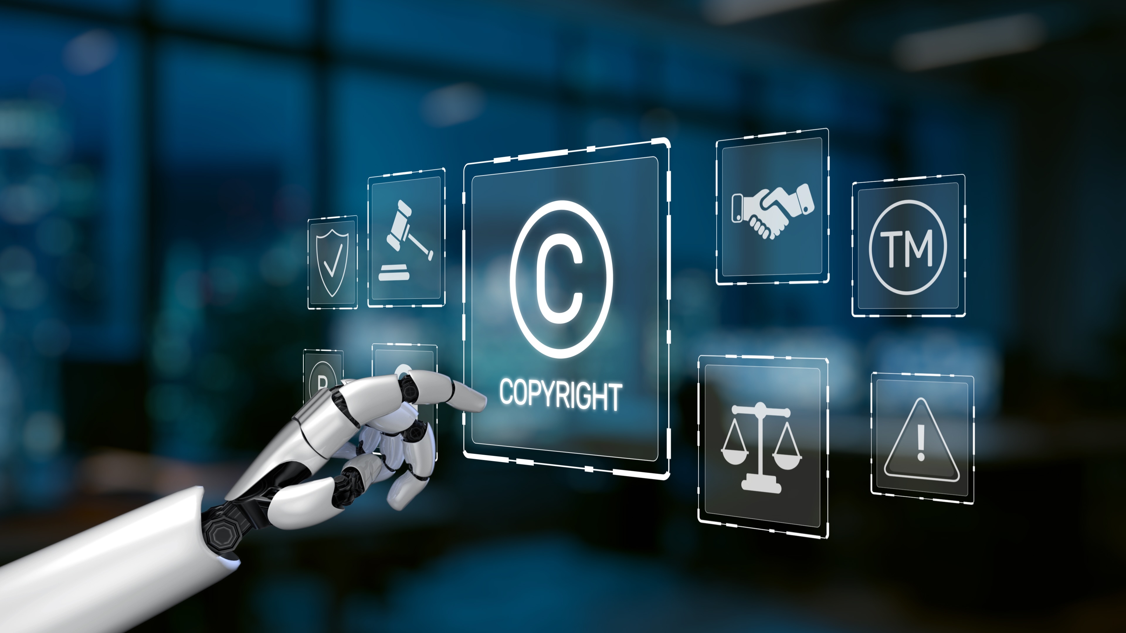robot arm reaching for a copyright symbol on a screen