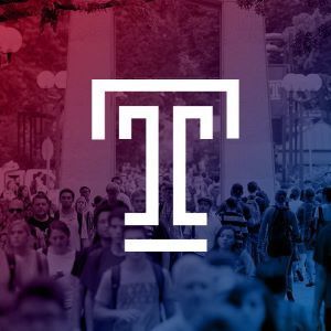 image of Temple T over a red and blue faded background