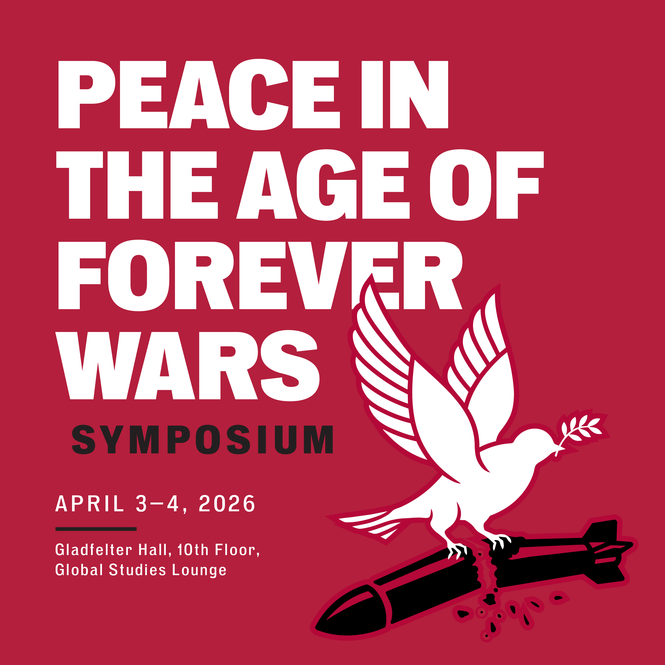 Symposium poster with a red background and a white dove