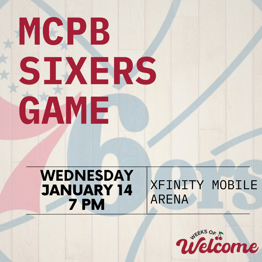 Image shows event details for MCPB Sixers Game on January 14th at 7PM at the Xfinity Mobile Arena