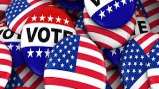image of a group of buutons that say vote and have an american flag print