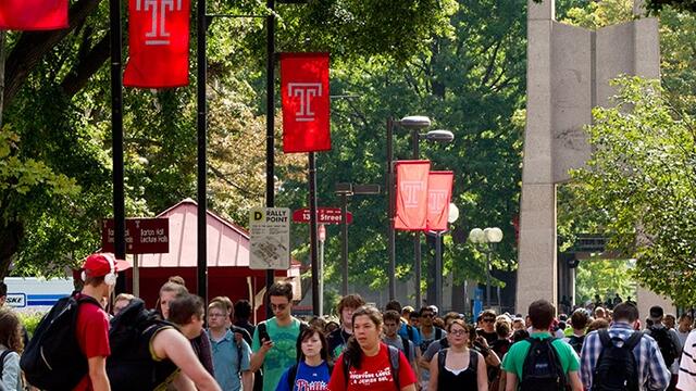 Students walking past the bell tower on Main Campus.
