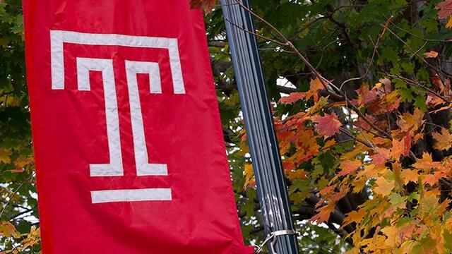 The Temple T on a cherry flag.