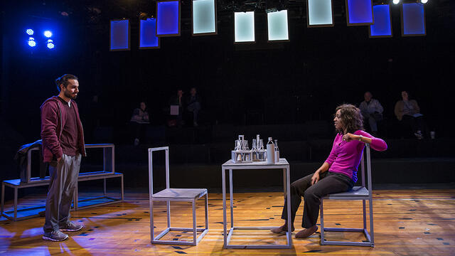 Temple acting students rehearsing on stage before the opening of Reggie Hoops.