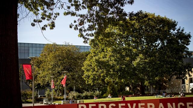 A student sitting in the grass on Main Campus near the Perseverance Conquers mural.