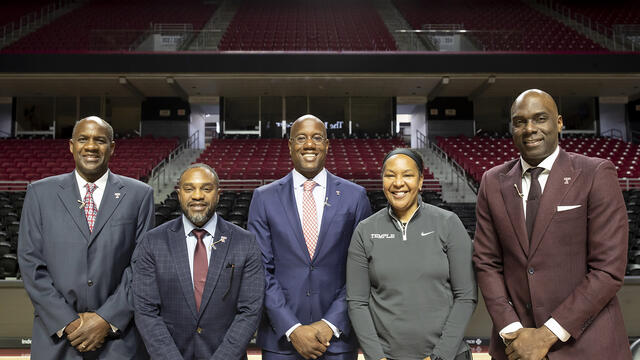 Arthur Johnson, Stan Drayton, President Jason Wingard, Tonya Cardoza and Aaron McKie pictured.