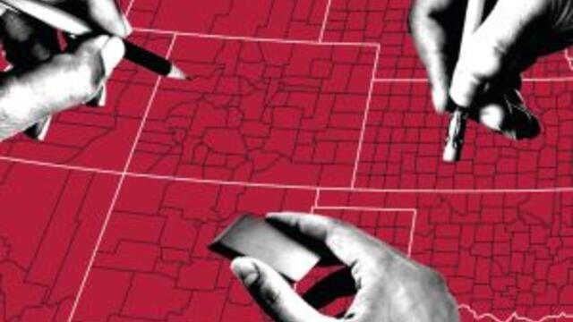 image of hands drawing over a red map redistricting an area