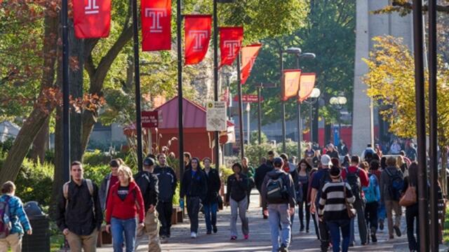 A crowd of students walking through Temple s Main Campus.