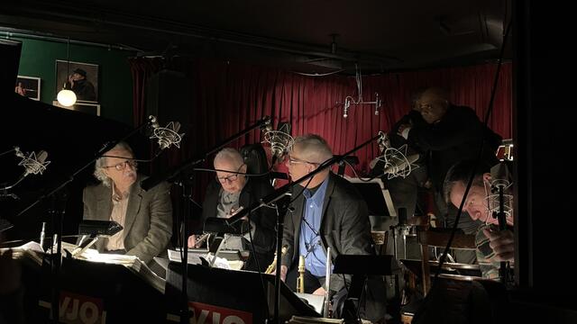 Ralph Lalama, Billy Drewes, Dick Oatts, and David Pasbrig setting up to record at the Village Vanguard.